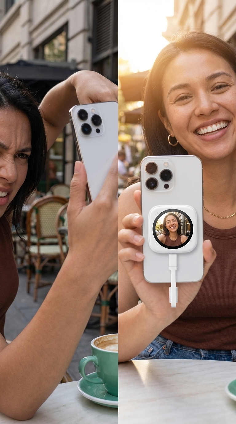 DA 磁吸自拍顯示器讓 iPhone 後鏡頭自拍更自然的海報