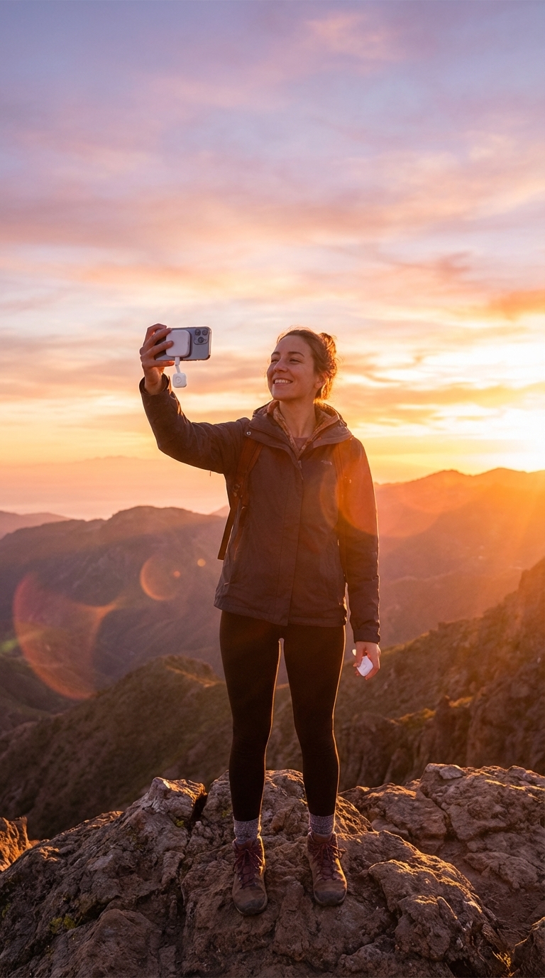 戶外山景中使用 DA 磁吸自拍顯示器自拍的海報